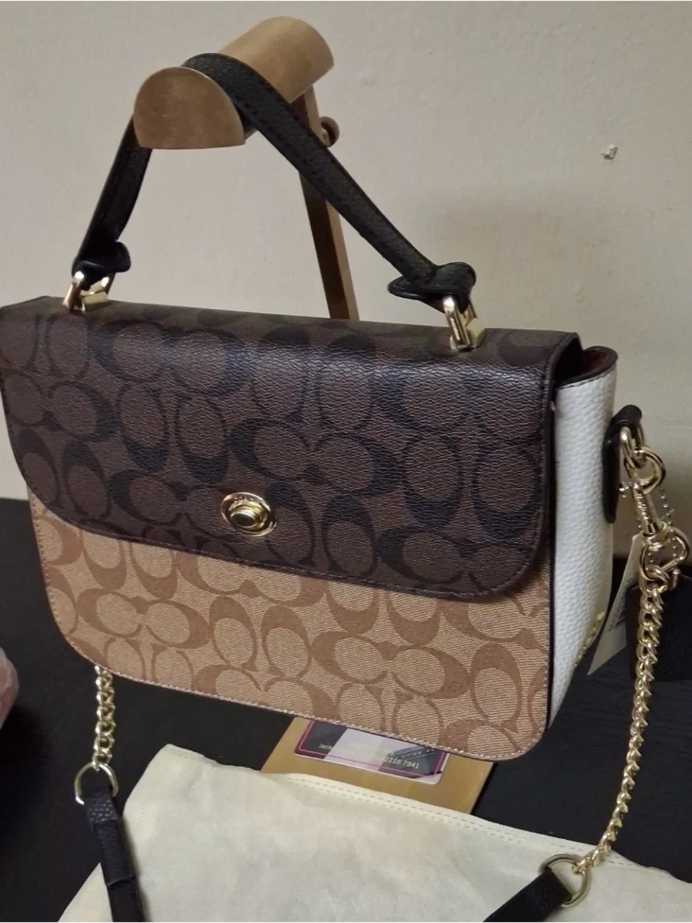 Coach Two-Tone Signature Gold Chain Turn-lock Crossbody Bag Brown & Tan NWT